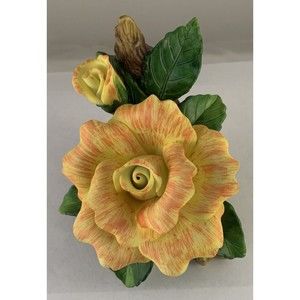 VTG Porcelain Rose and Bud Variegated Yellow Orange on Branch Log 1999 EUC
